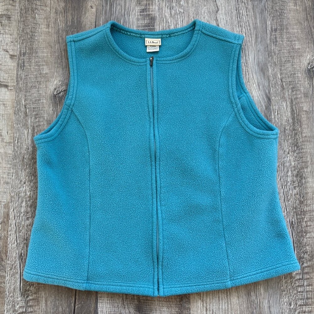 LL BEAN Fleece Vest Womens Size L Large Full Zip Polartec Collarless Light Blue